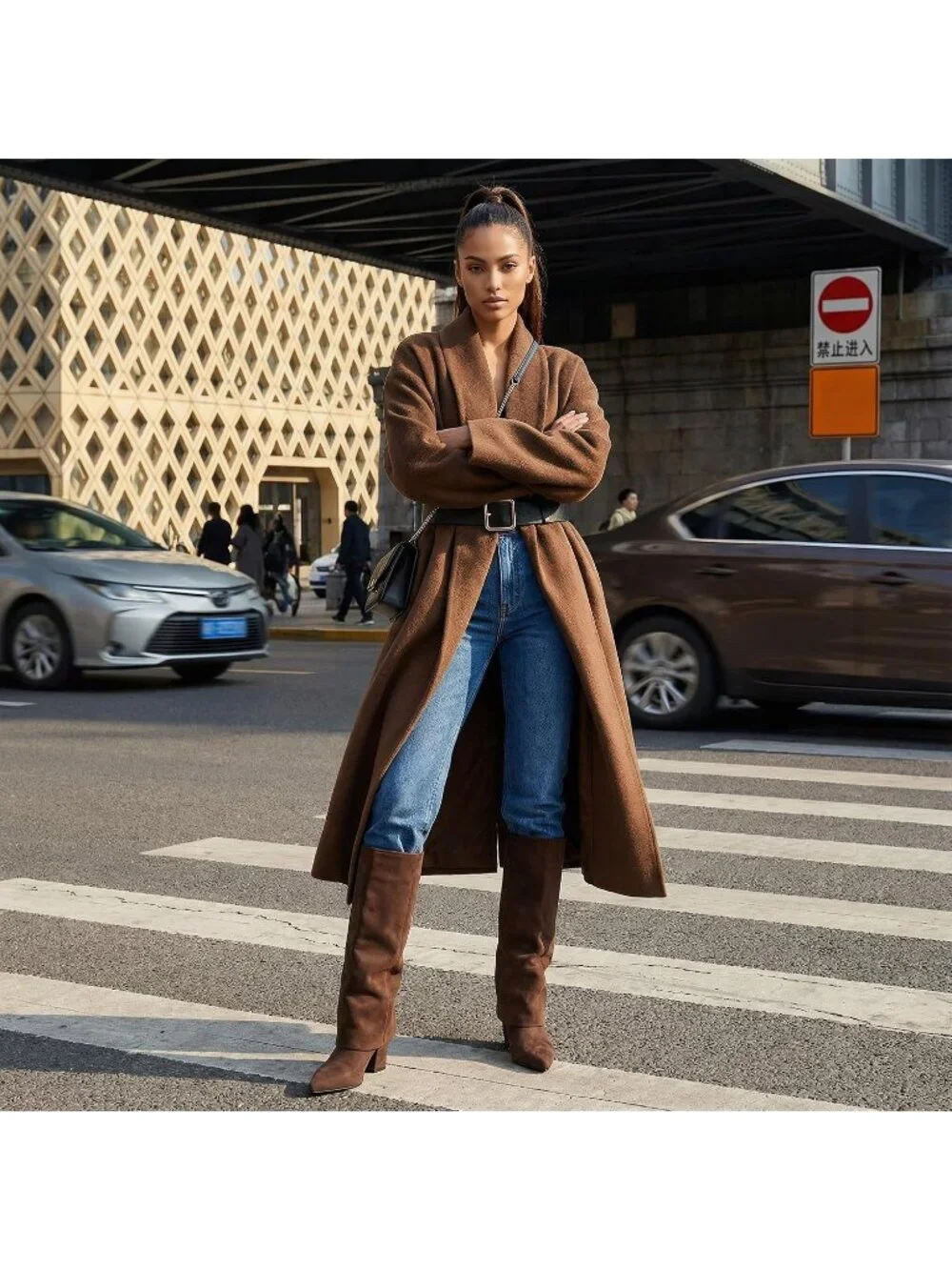 Women's Brown Block Low Heels Knee High Fold Over Pointed Toe Shark Tall Boots